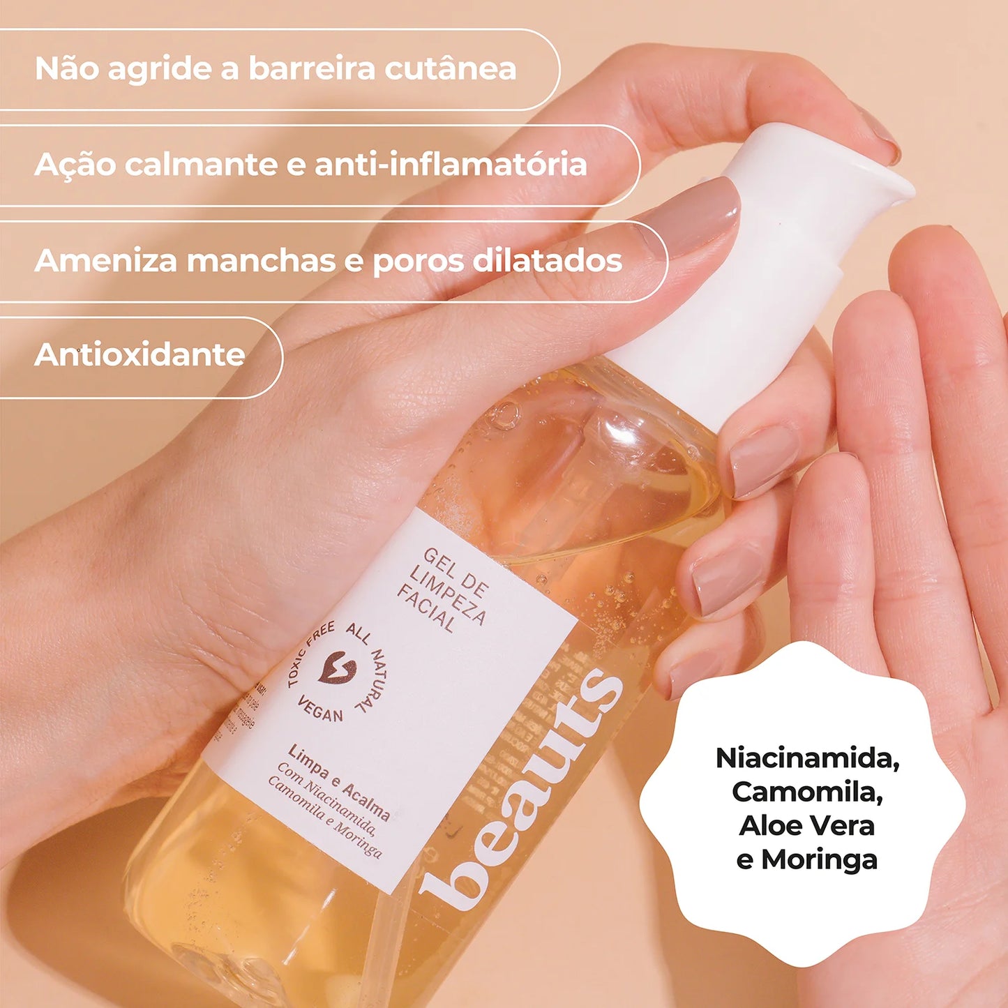Gel de Limpeza Facial - Beauts - com Niacinamida, Camomila, Aloe Vera e Moringa