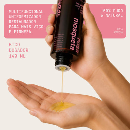 Óleo de rosa mosqueta puro 140 ml Beauts: textura do óleo na mão