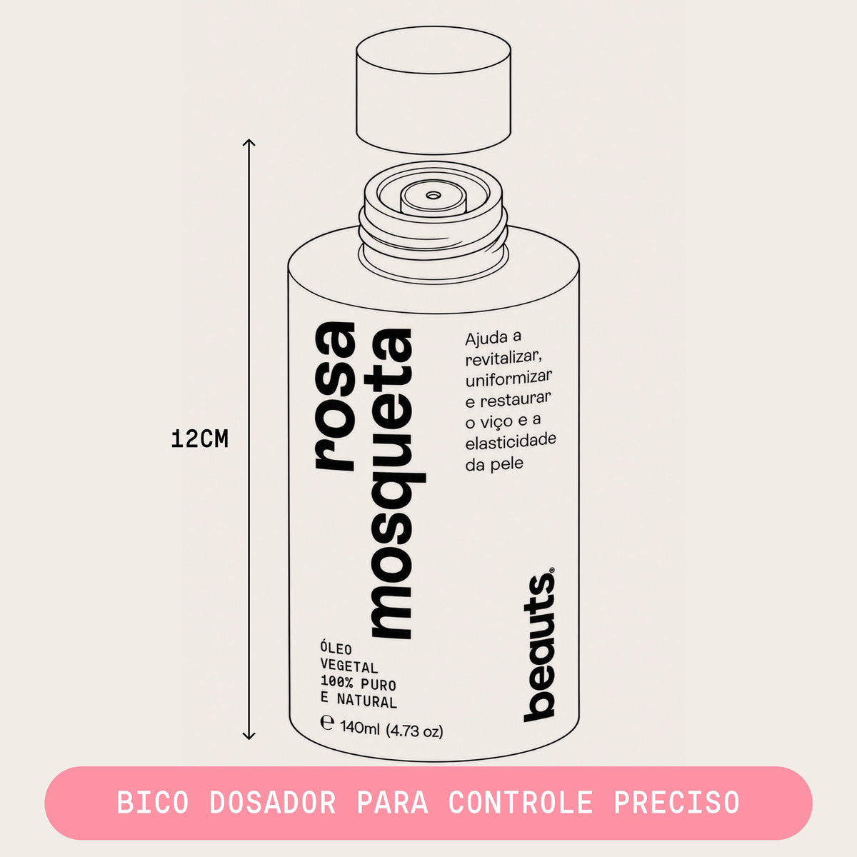 Óleo de rosa mosqueta puro 140 ml Beauts: dimensões da embalagem