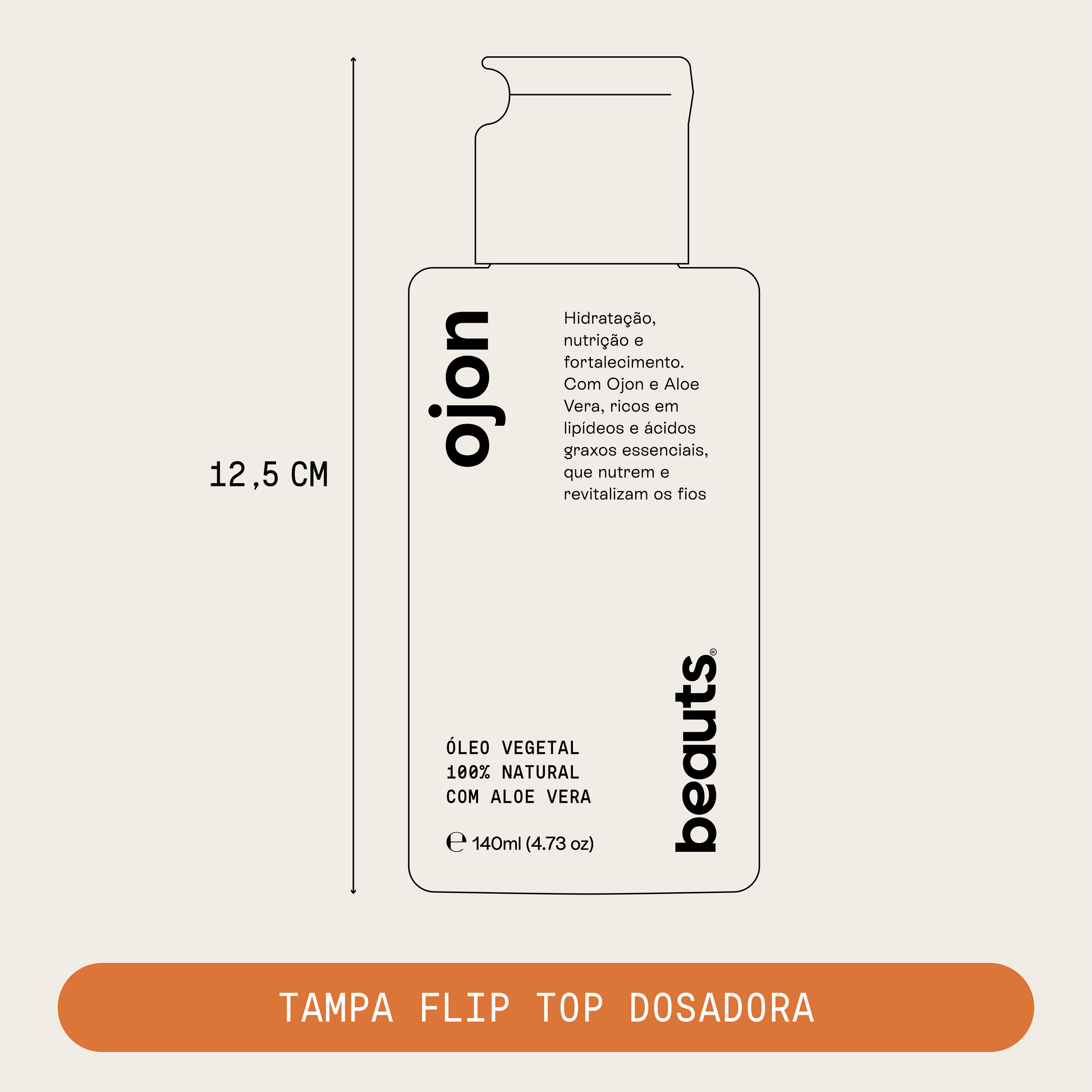 Ilustração da embalagem do Óleo Capilar Ojon Beauts com altura de 12,5 cm e tampa flip top dosadora