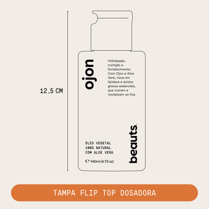 Ilustração da embalagem do Óleo Capilar Ojon Beauts com altura de 12,5 cm e tampa flip top dosadora
