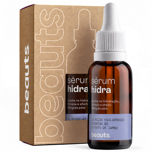 Sérum de ácido hialurônico 2% Hidra Beauts: frasco com embalagem e textura